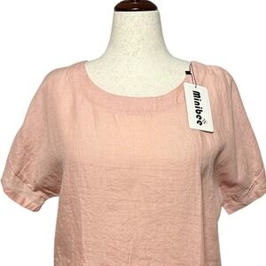 Minibee Top Women XL Pink Linen Short Sleeve Embroidered Lace Hem Blouse